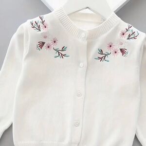 Floral Embroidered White Kids Cardigan